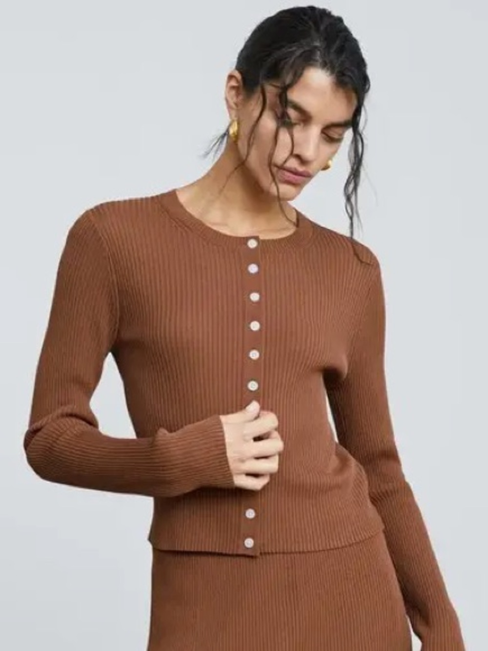Everlane Ribbed Cropped Cardigan in Cocoa Brown